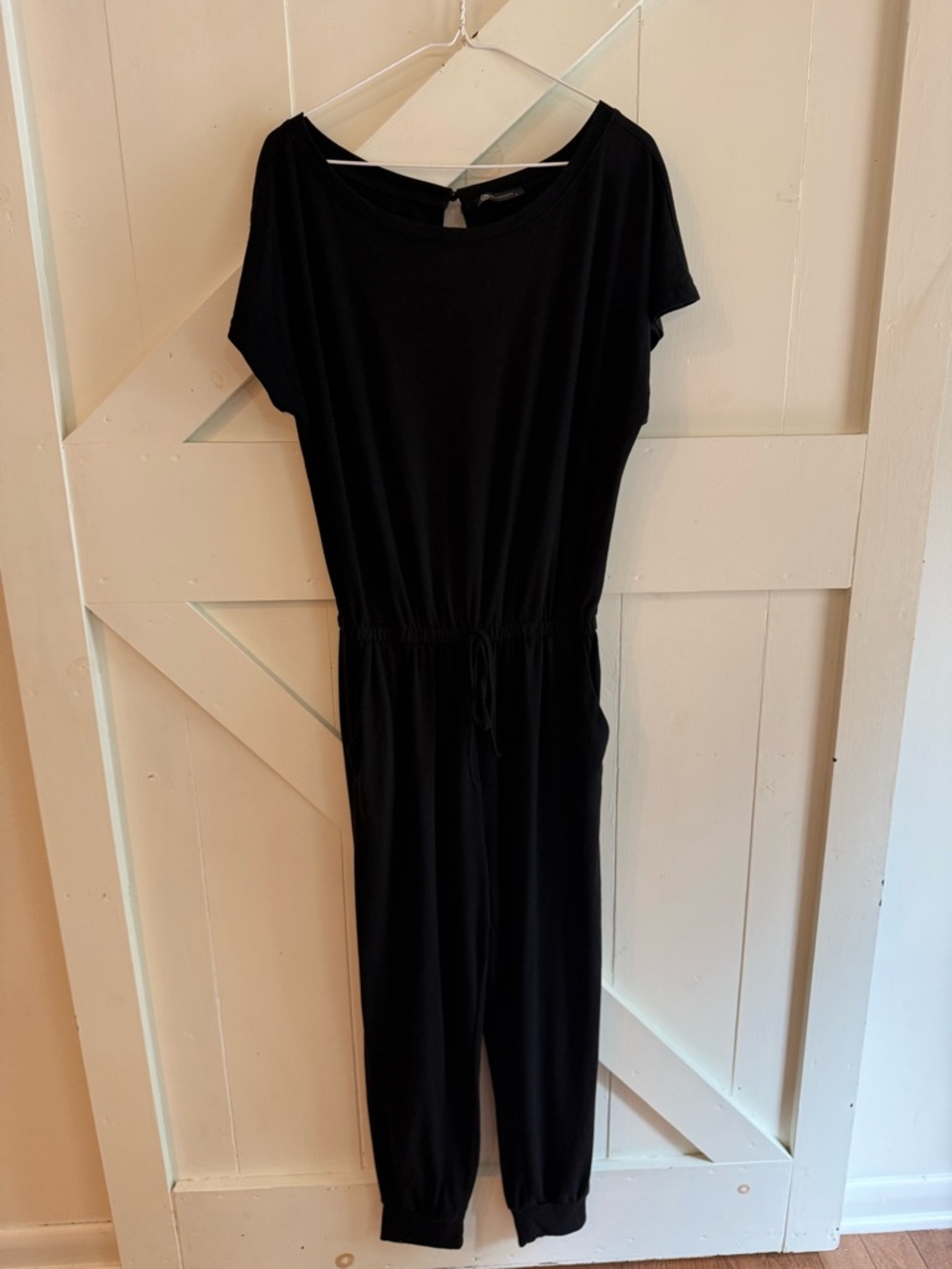 PrettyGarden Black Short Sleeve Jogger Jumpsuit Romper Large Drawstring Waist - Picture 2 of 10